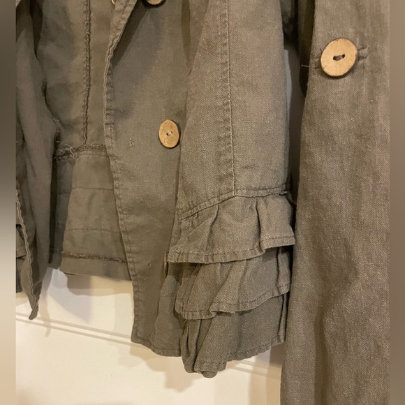 Anonyme Olive Green Ruffled Loose fitting Jacket 3/4 Sleeves light Summer size 4 - Picture 5 of 6